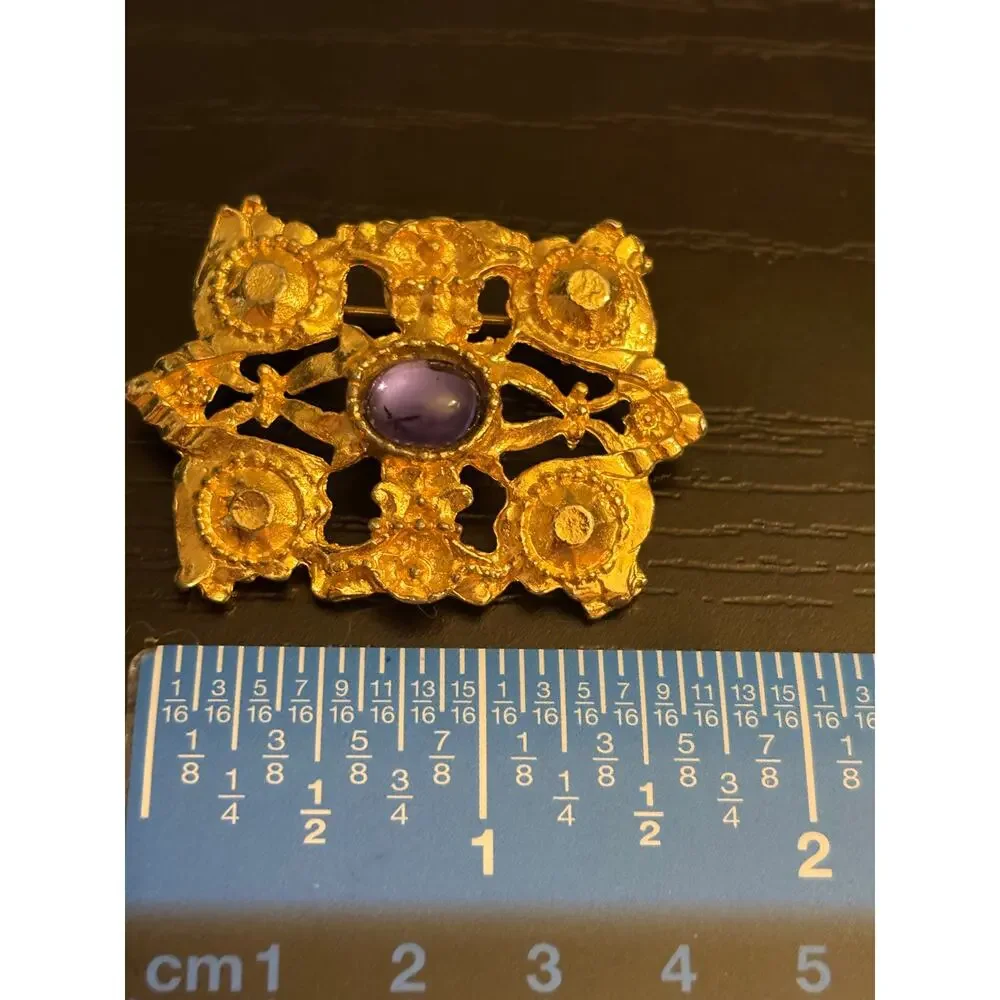 Vintage Byzantine Style Gold Brooch Purple Cabochon Center